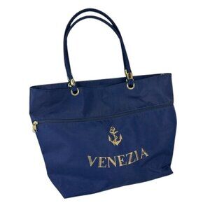 Venezia Embroidered Anchor Coastal Navy Blue Tote Purse Vintage Read